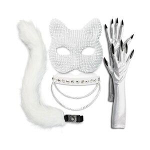 Jeweled Cat Empress Outfit Costume Rhinestone Mask Choker Tail Claw Gloves NEW